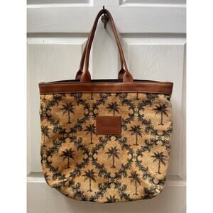 Large Tapestry Tote Bag Tan Palm Tree Print Brown‎ Leather Trim Beach Travel